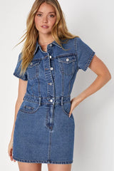 Ready to Charm Medium Wash Short Sleeve Denim Mini Dress