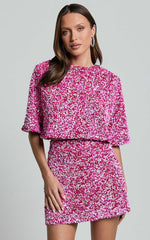 Reah Two Piece Set - Tie Back Top and High Waisted Sequin Mini Skirt in Pink