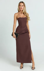 Strapless Draped Side Split Dress in Chocolate