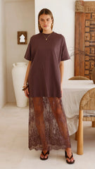 Raina T-Shirt Maxi Dress - Brown Lace