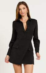 Wanda Mini Dress - Long Sleeve Faux Wrap Dress in Black