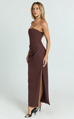 Strapless Draped Side Split Dress in Chocolate