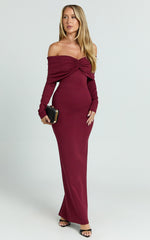 Rani Maxi Dress - Off Shoulder Long Sleeve Bodycon Dress in Wine