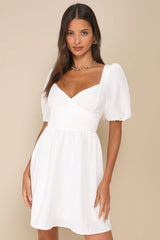 Little Bit In Love White Surplice Puff Sleeve Mini Dress