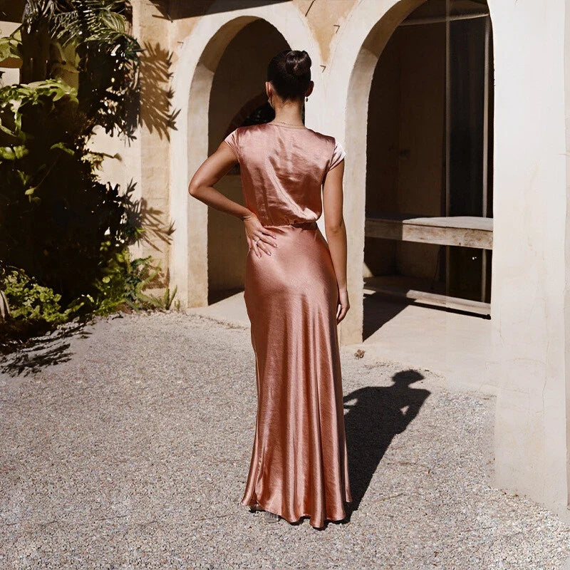 Spring/Summer Satin Solid Color V-Neck Fishtail Party Dress