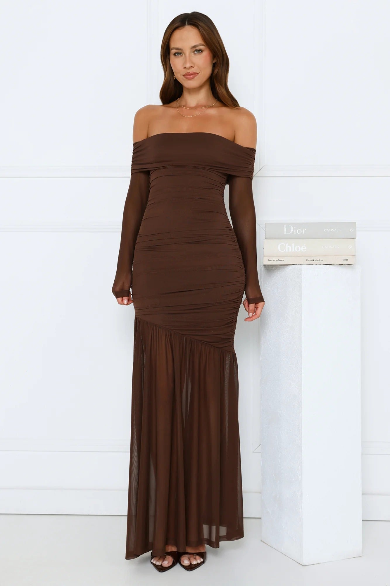 Velour Allure Off Shoulder Maxi Dress Brown