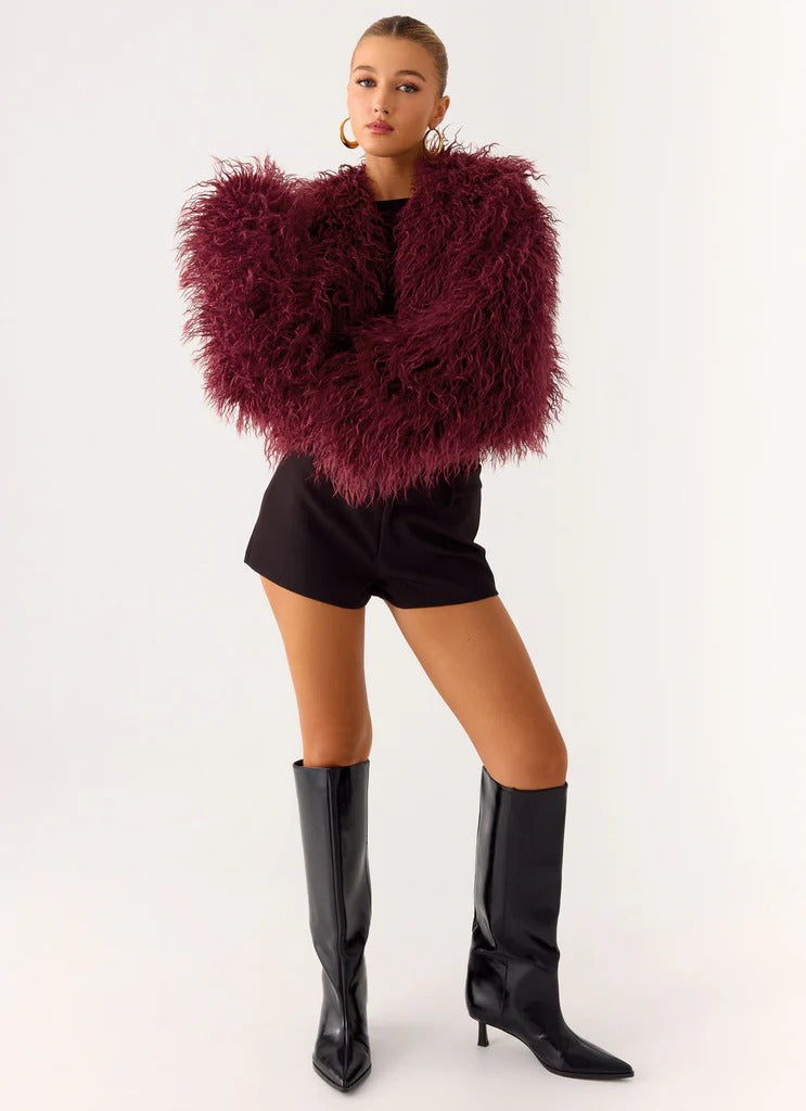 Virginia Cropped Faux Fur Jacket - Maroon