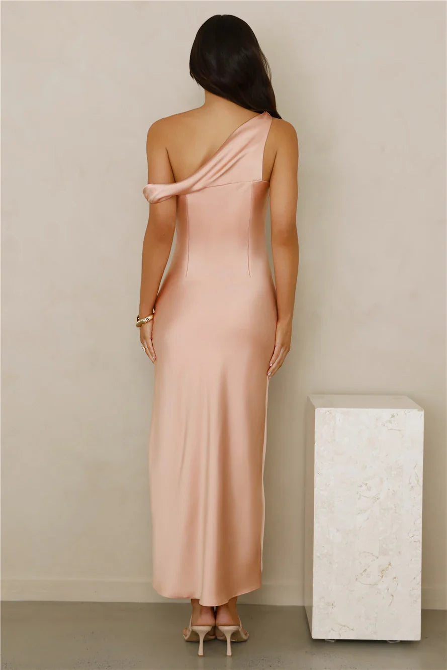 Stylish Season Off Shoulder Satin Midi Dress Peach