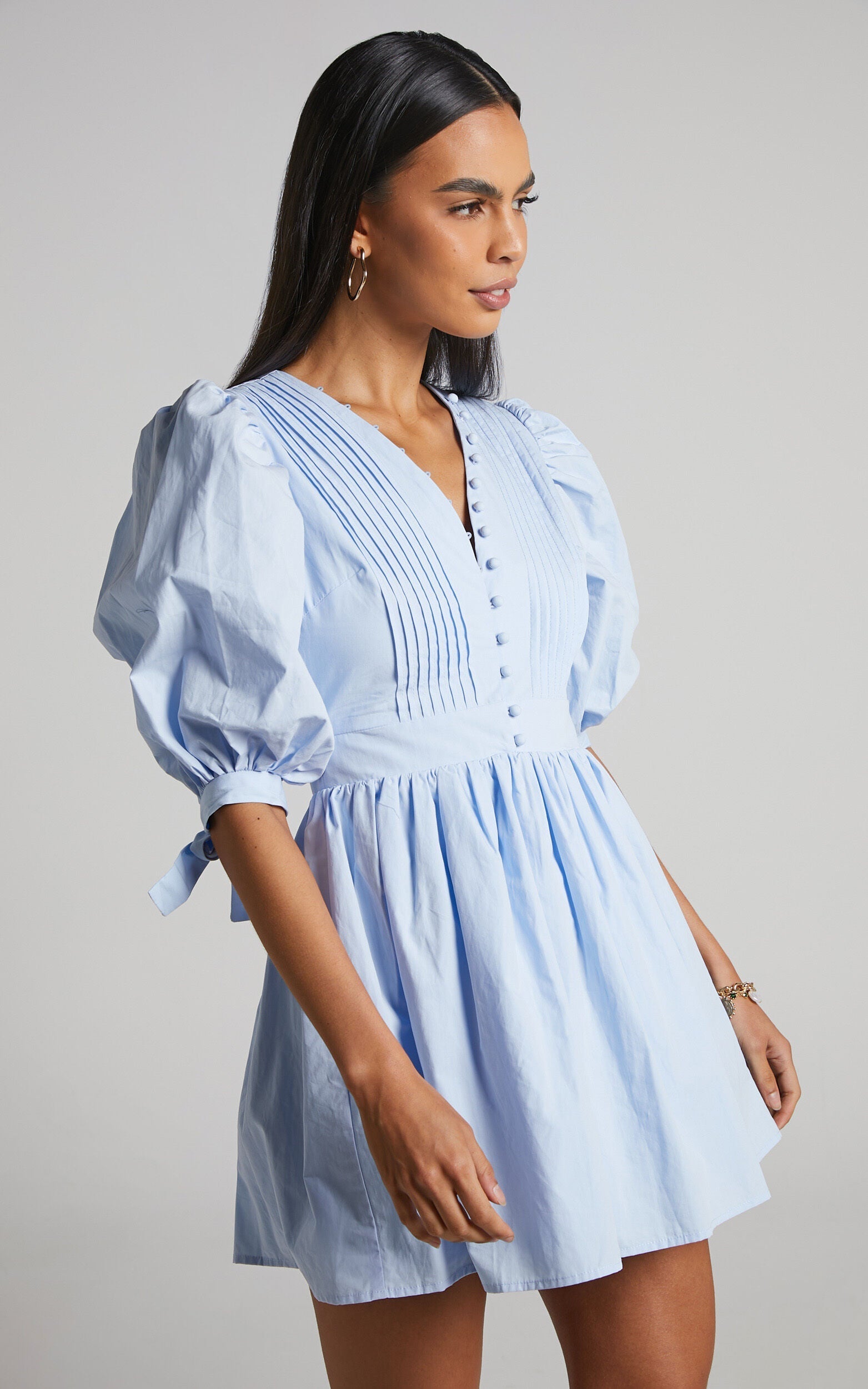 Zandra Mini Dress - Puff Sleeve Poplin Dress in Icy Blue
