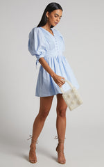 Zandra Mini Dress - Puff Sleeve Poplin Dress in Icy Blue