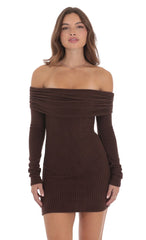 Ribbed Off Shoulder Open Back Dress in Brown