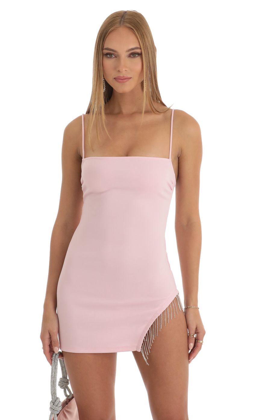 Rhinestone Fringe Slit Dress in Pink