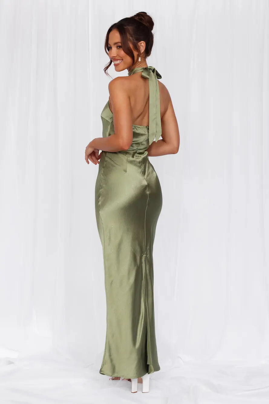 The Cleo Halter Satin Maxi Dress Olive