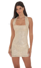 Sequin Halter Dress in Gold